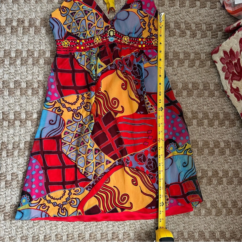 Sue Wong vintage VTG 100% silk flowy halter top Y2K beaded dress bright colors - Picture 14 of 15
